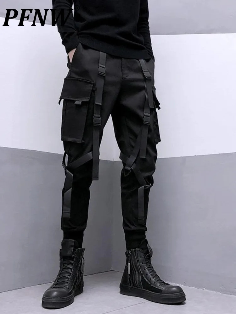 Fashion Darkwear Safari Style Webbing Spliced Boy Cargo Pants Men High Street Streetwear Elastic Waist Slim Tactical Techwear 250701