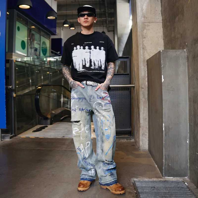 360 High Street Europe and the United States broken hole trend graffiti wide-leg jeans mens high-grade loose tide brand W250701 W250701