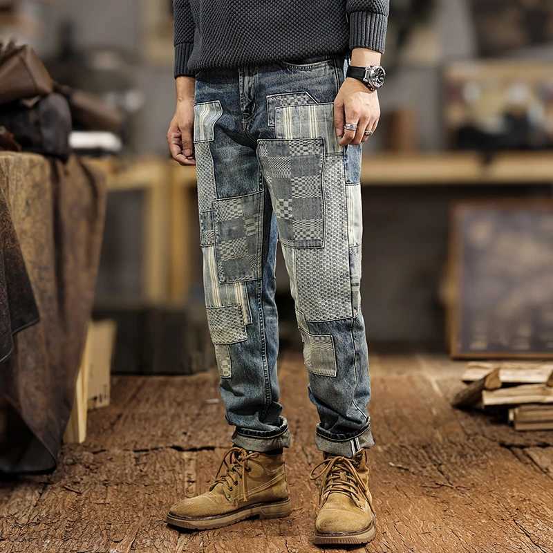 JXNH23 American Gangster splicing patch mens jeans spring tide Slim straight trousers washed vintage colour W250701 W250701