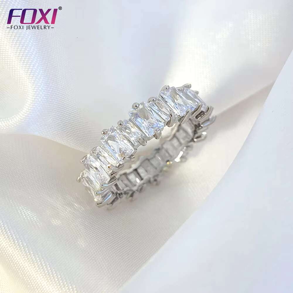 Classic Cz Baguette Eternity Band Engagement Ring 925 Sterling Silver Non Tarnish Full Iced Out Sparkle Emeral Cut Finger Ring