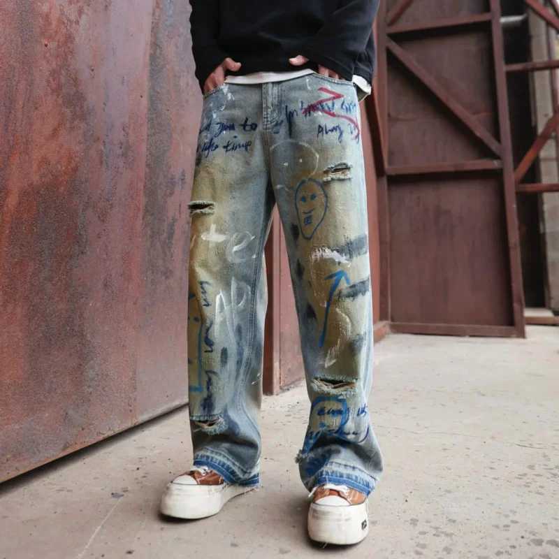 360 High Street Europe and the United States broken hole trend graffiti wide-leg jeans mens high-grade loose tide brand W250701 W250701
