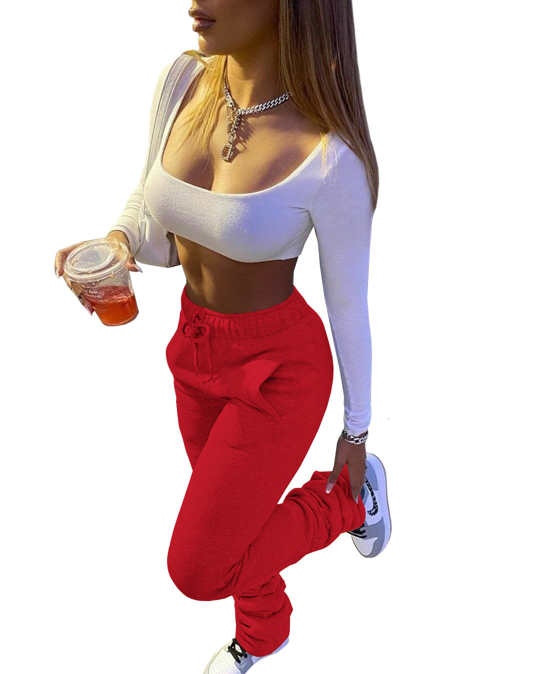 2025 Thickened Sweatshirt Pants Women's Sweatshirt Pants Women's Drawstring Stacked Pants Explosive With Pockets