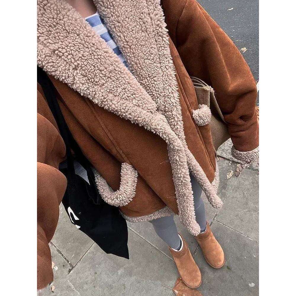 Women Winter Faux Shearling Sheepskin Fake Leather Jackets Lady Thick Warm Suede Lambs Motorcycle Brown Coats Loose Outwear