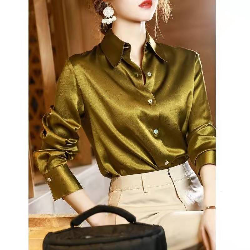 High End Light Luxury Mumi Imitation Silk Crepe de Chine Shirt Women Long Sleeve Loose Elegant Top 250219
