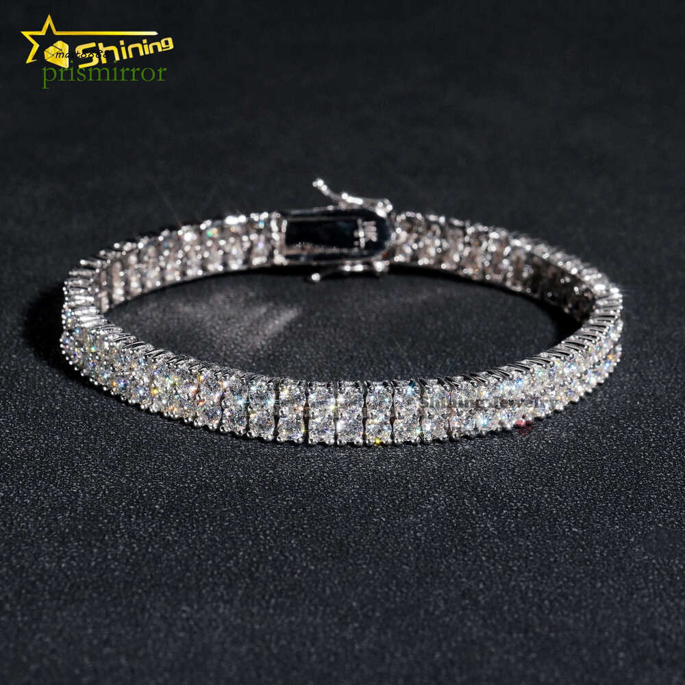 New Design Two Rows 14k Gold Plated Bracelet Sterling Sier Vvs Moissanite Hip Hop Jewelry Lab Dia Tennis Chain