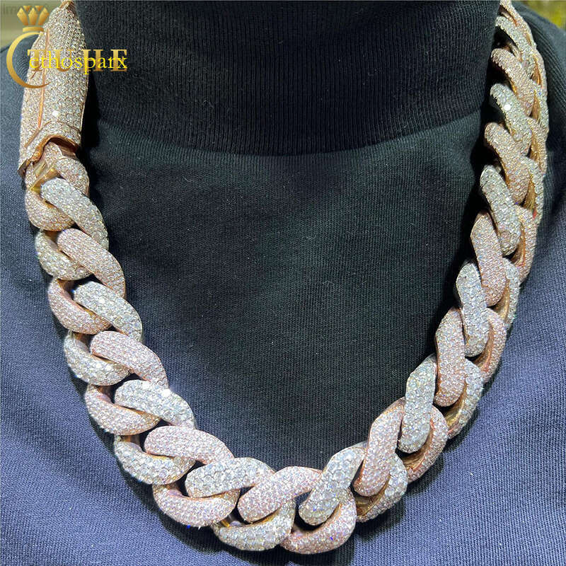 Personalized Custom Buckle 25mm 2 Tones Sterling Sier Vvs Moissanite Dia Iced Out Heavy Cuban Link Chain Necklace