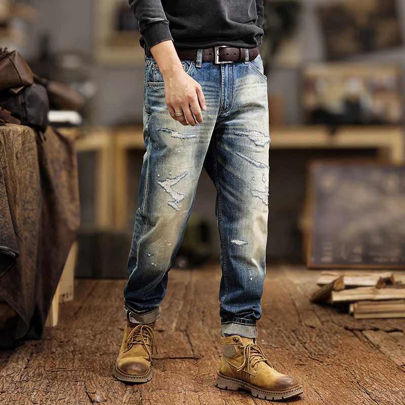 JXN0 High-end red ear denim ripped jeans mens new Slim straight stretch tapered small feet trousers W250701 W250701
