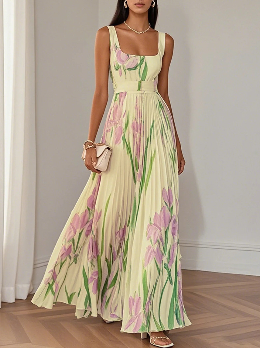 2025 European and American women's suspender digital printing pleated floral long skirt dress