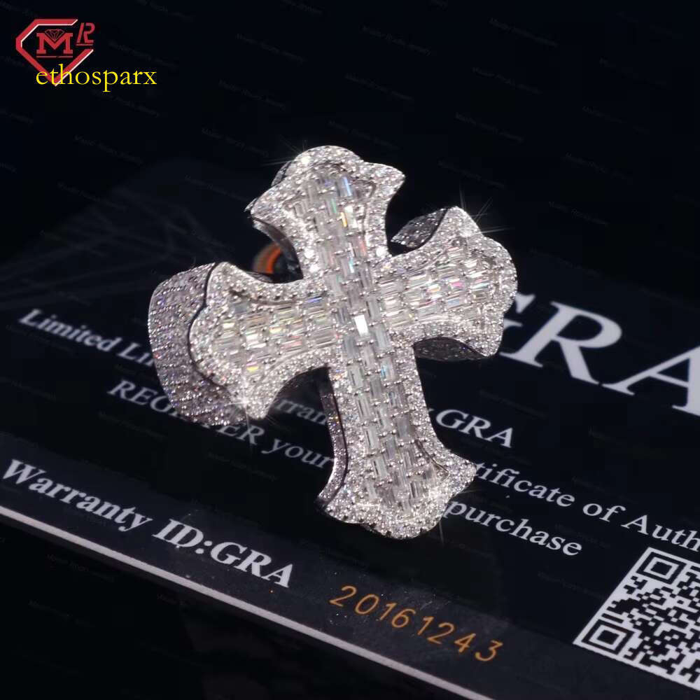 Gra Certificate Cross Men's Hip Hop Long Stick Bread Silver Vvs Iced Silica Ring