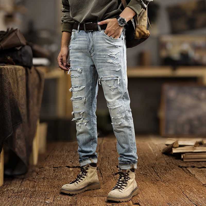 JXNS30 broken hole jeans mens American gangster handsome Slim small leg trousers do old casual trousers only high quality W250701 W250701