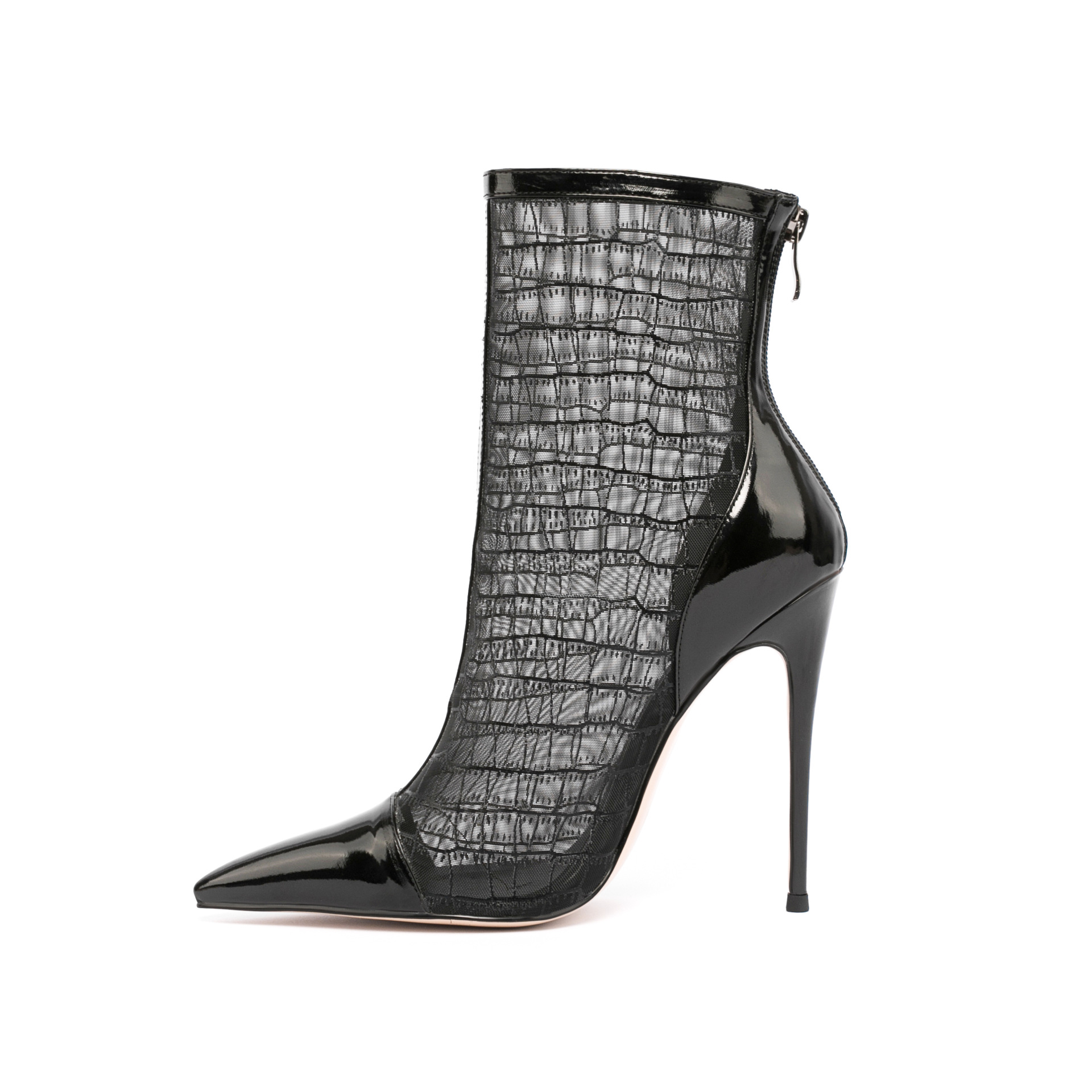 Women's Sheer Mesh and Lace Ankle Boots - Pointed Toe Color-Block Stiletto Heel Peep-Toe Booties, Back Zipper, Cut-Out Design