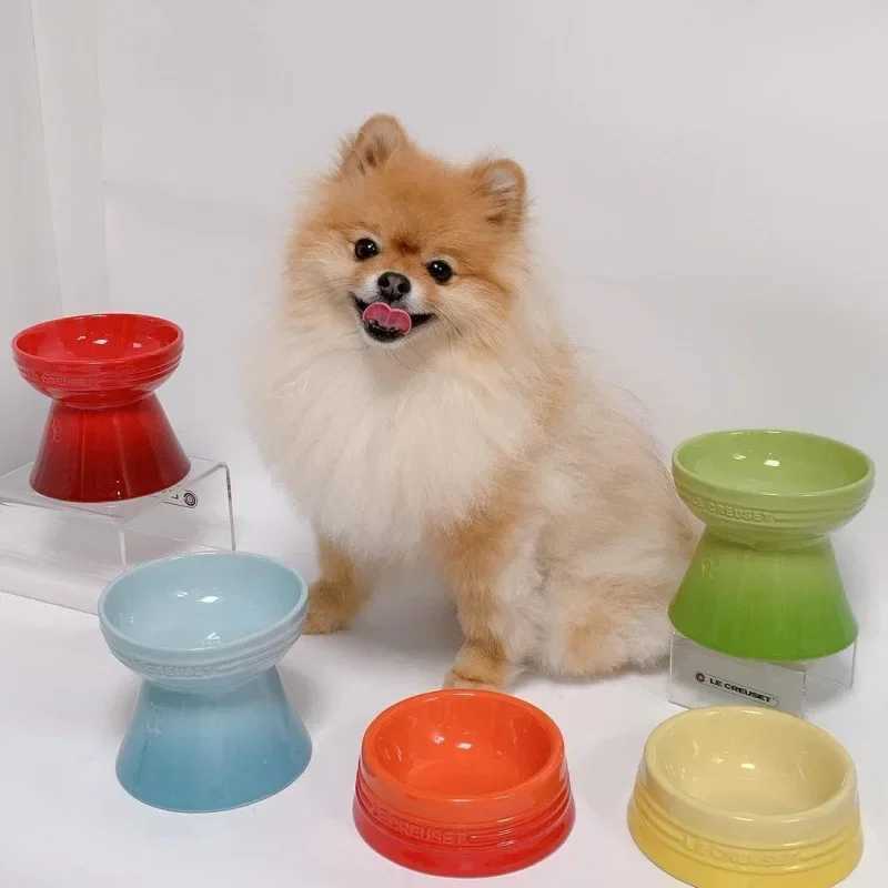 Ceramic colored cat bowl Pet bowl Cat bowl High foot protection Large diameter Large size cannot be turned over Y250630
