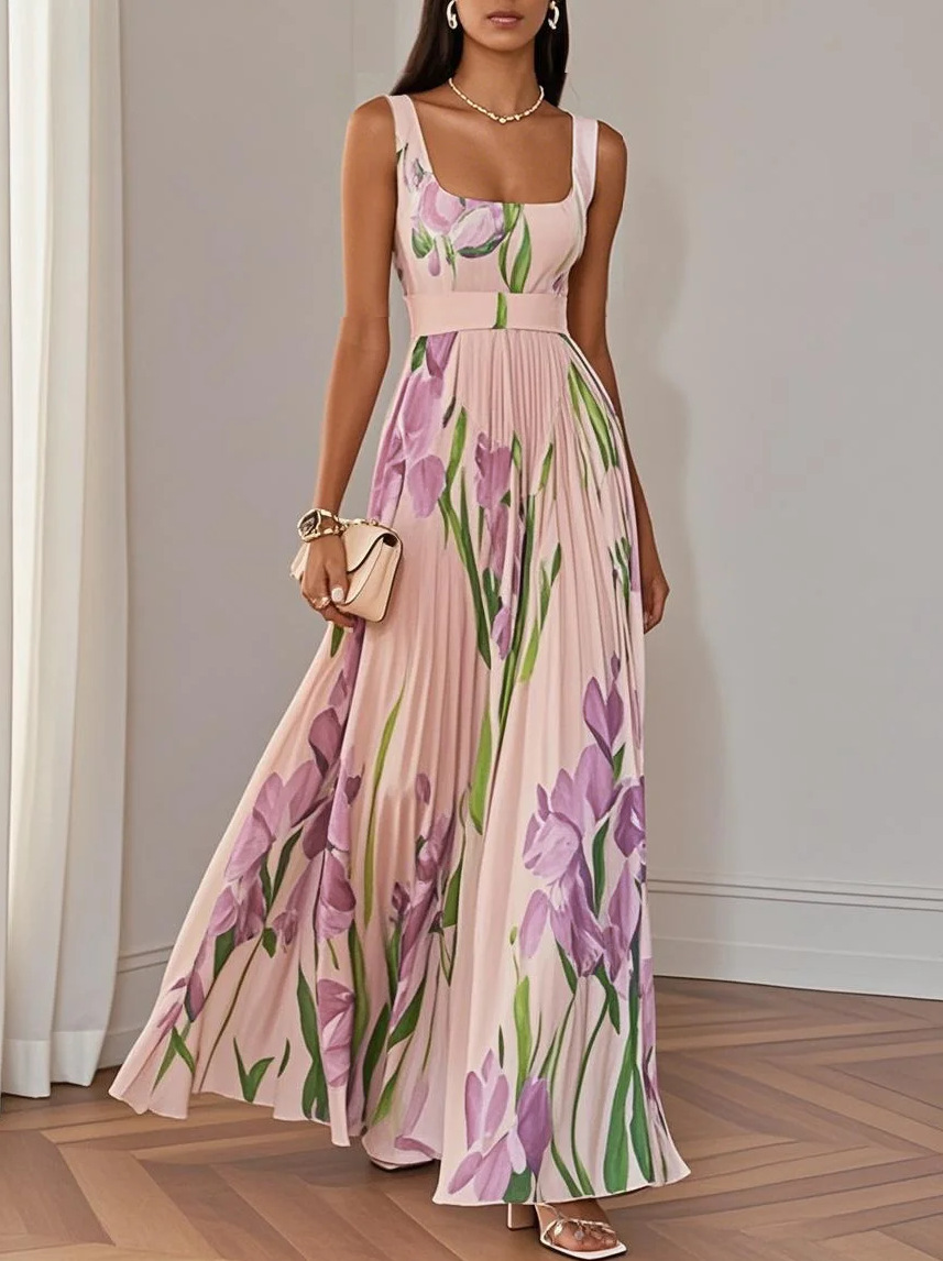 2025 European and American women's suspender digital printing pleated floral long skirt dress