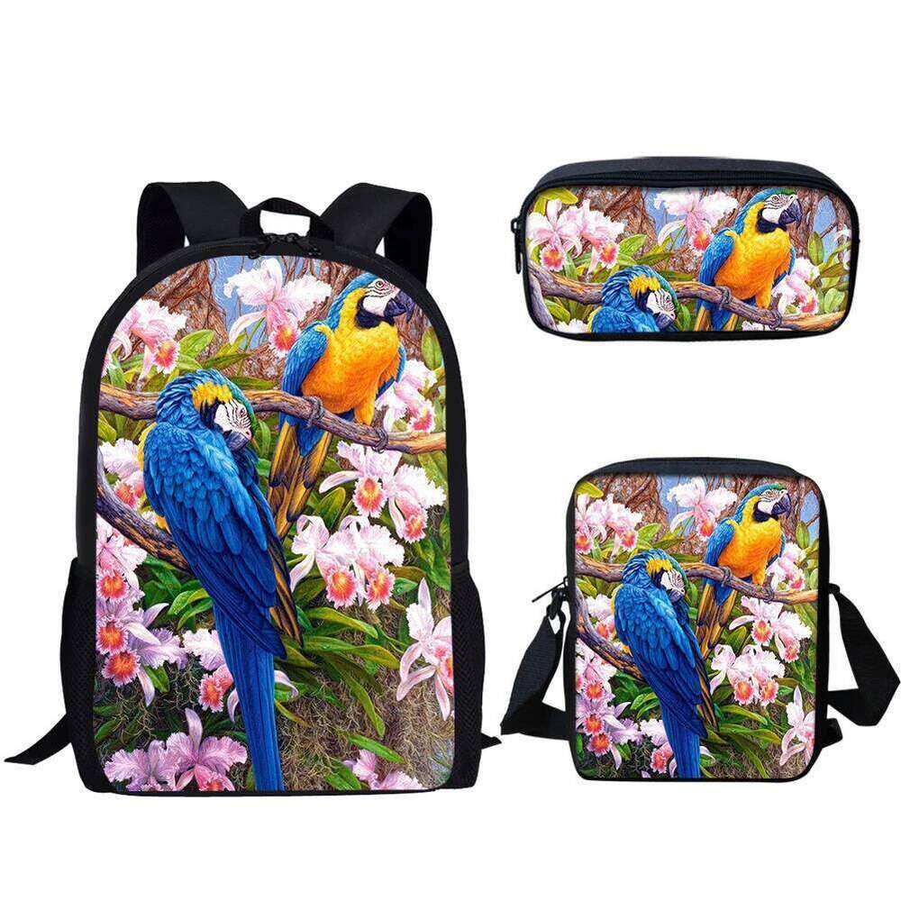 Novelty Parrot Bird Pattern 3D Print 3pcs/Set School Bags Laptop Daypack Backpack Inclined shoulder bag Pencil Case