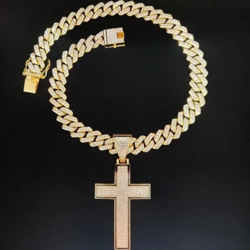 Men Women Hip Hop Cross Pendant Necklace with 14mm Cuban Chain Hiphop Iced out pendants Necklaces Fashion Punk Jewelry Gifts 250628