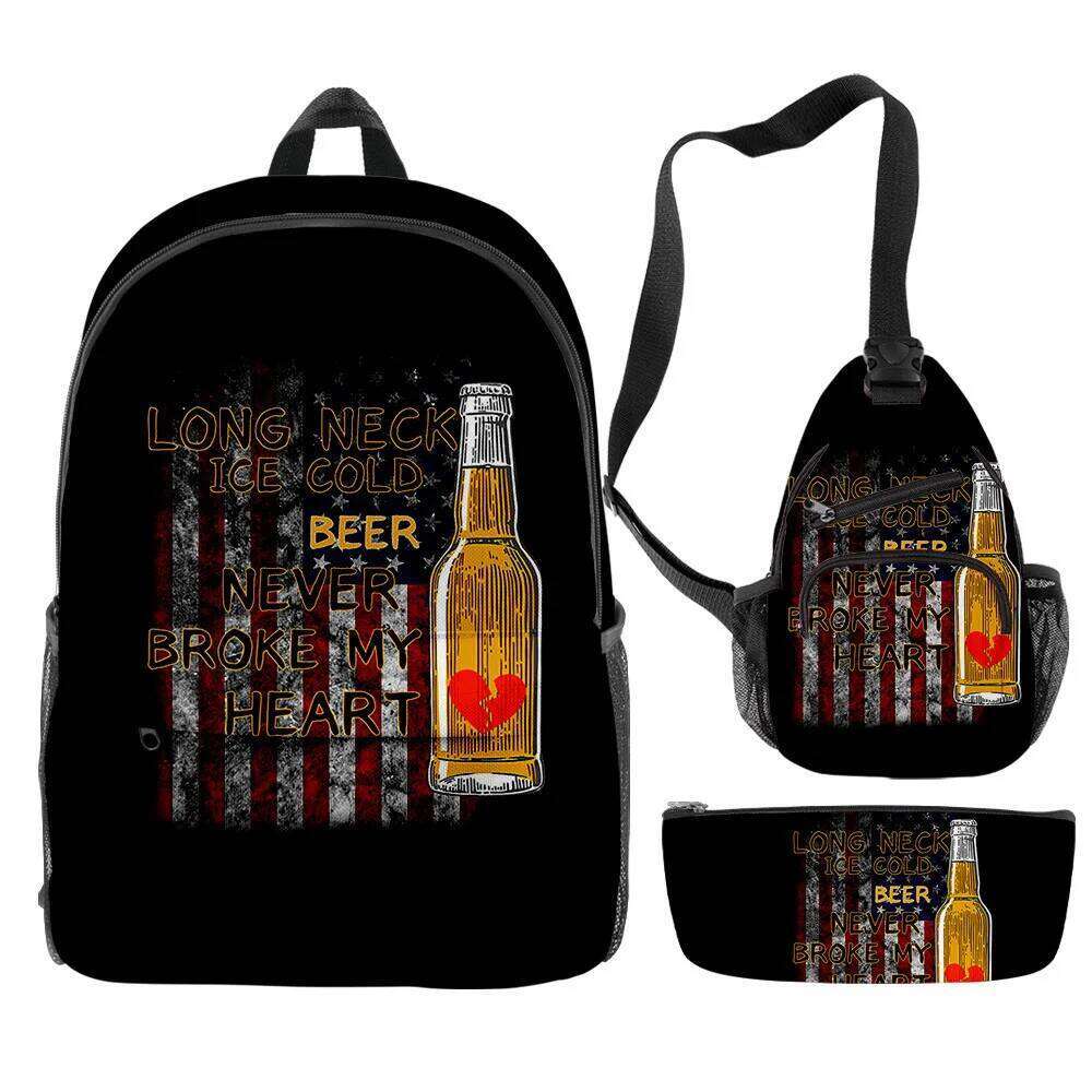 Fashion Novelty Cool Funny Beer 3D Print 3pcs/Set pupil School Bags Travel Laptop Backpack Chest Bag Pencil Case