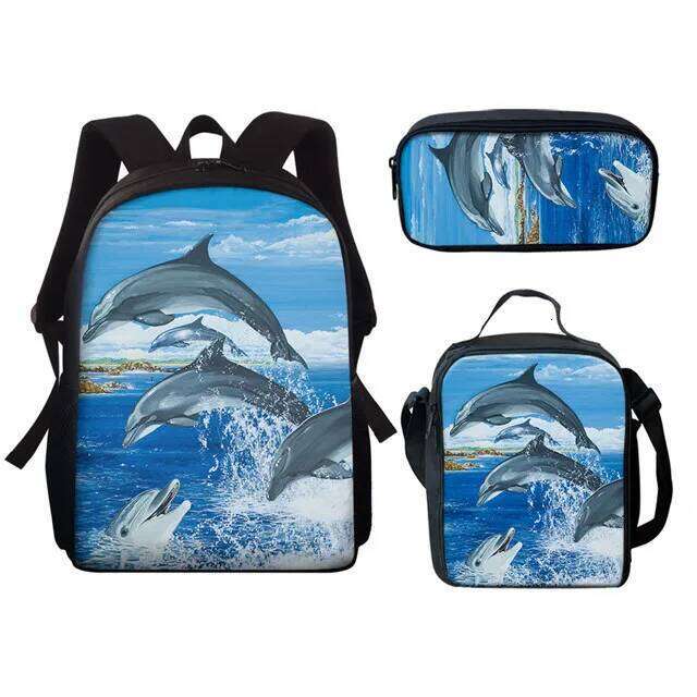 Fashion Novelty Cool Dolphin 3D Print 3pcs/Set pupil School Bags Laptop Daypack Backpack Lunch bag Pencil Case