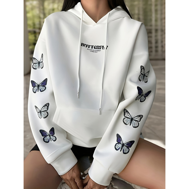Women's Casual Butterfly Print Hoodie, Polyester Knit, with Pocket, Autumn Winter Fashion Pullover