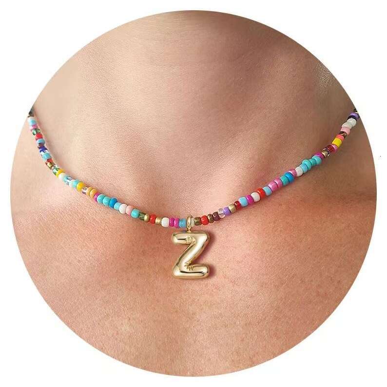 New Dopamine 26 Fat Letter Pendant Bohemian Style Imitation Pearl Colorful Natural Stone Beaded Necklace Fashion Trend