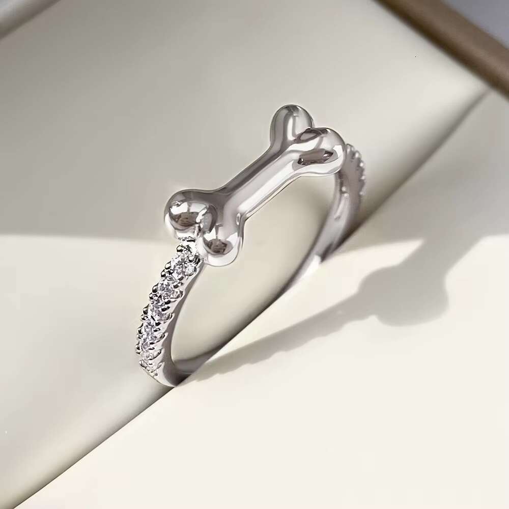 TIKTOK Animal Cute Dog Bone Pets 925 Sterling Silver Ring Hot Selling Vintage Rhodium 14K Gold Plated Zircon Bands