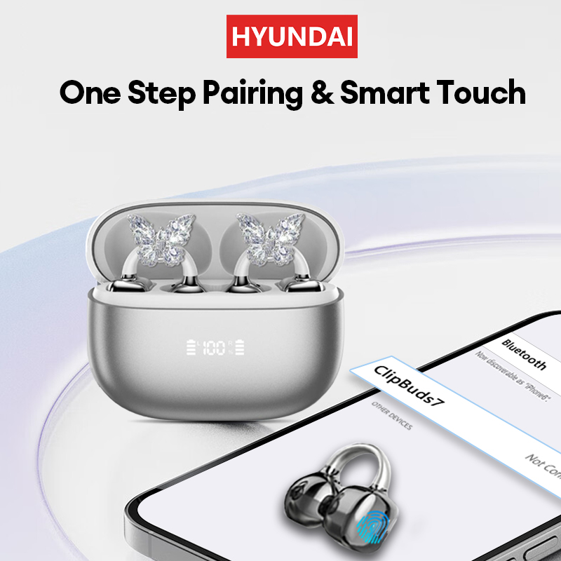 DHgargets HYUNDAI Clipbuds7 Butterfly Earrings Ear Clip - LED Display, Bluetooth 5.4, Dual-Mic Noise Reduction, Sports Earbuds with Smart Features