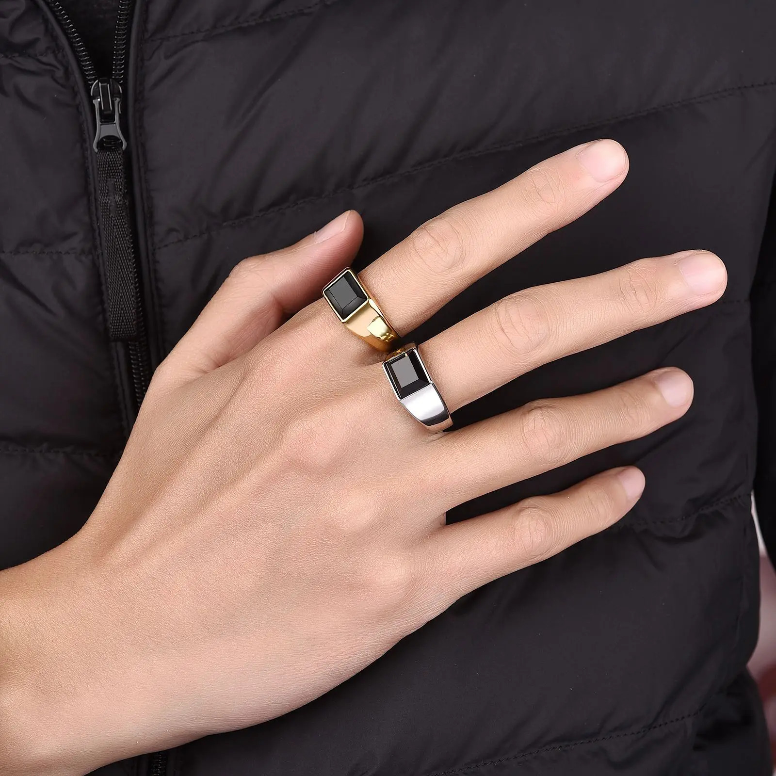 Stylish MenS Square Ring Gold Silvery Color Stainless Steel Black Stone Geometry Rings Male Accessory Party Gift 250701