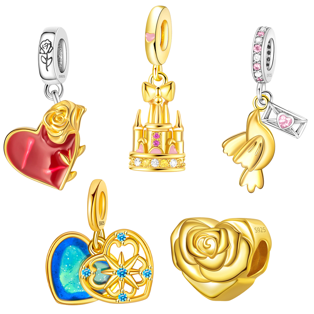 FewDook Fine 18K Gold & Silver Plated Pigeon Love Letter, Rose, Castle, Heart Dangle Charm Fit Pan Charms Bracelet DIY Jewelry Designer for Women 2025