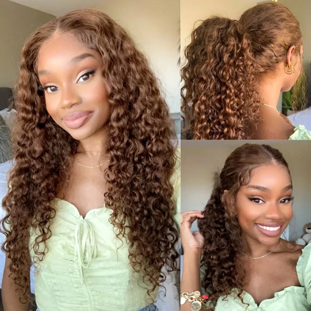 Deep Curly Human hair Wigs Chocolate Brown 13x4 Hd Lace Frontal Wig Colored Water Wave Lace Front Wig For Women 30 34 Inch Synthetic Wig