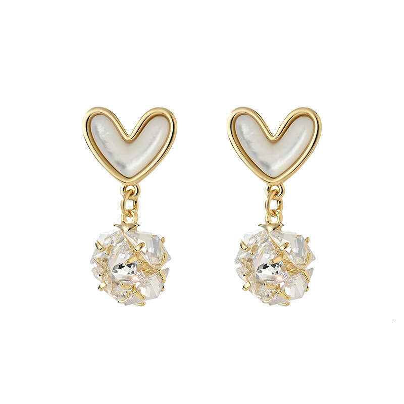 DHCollections Spring Summer Zircon Flower Stud Earrings - Korean Fashion High-End Mother-of-Pearl Heart Design - 14K Gold Plated Needle Earrings for W