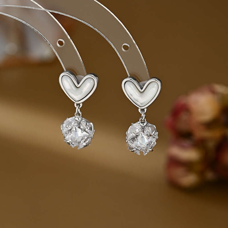 DHCollections Spring Summer Zircon Flower Stud Earrings - Korean Fashion High-End Mother-of-Pearl Heart Design - 14K Gold Plated Needle Earrings for W