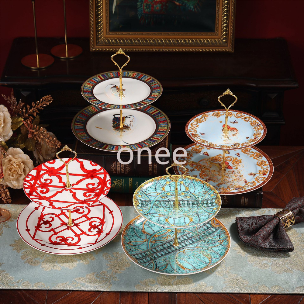 dinner set dim sum plate cutlery set luxury European retro ceramic double-layer string plate fruit plate cake plate household afternoon tea multi-layer dessert table