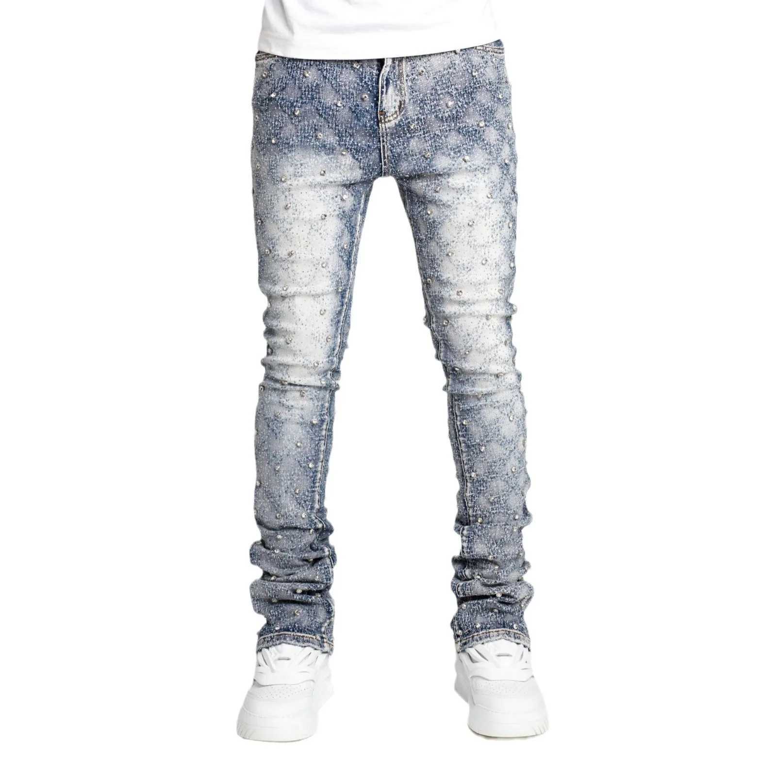 Stretchy Pearls Skinny Jeans For Men 2024 New Fashion Rhinestone European Street Personality Stacked Denim Pants W250701 W250701