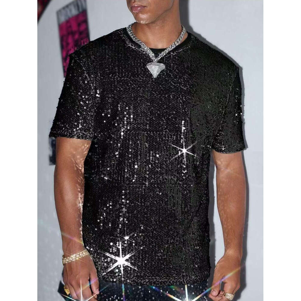 Cross-Border Summer New Sequin Short men dress shirt up shirts Sleeve T-Shirt Men's European And American Performance Costume Shiny Singer Outfit