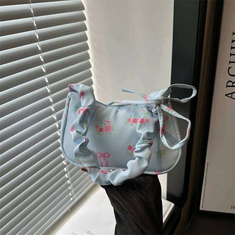 Women's Underarm Summer Canvas Pleated Handlebags Armpit Purse FloralBow Printed Zipper Tote Handbag Female Y2k Shoulder Bag