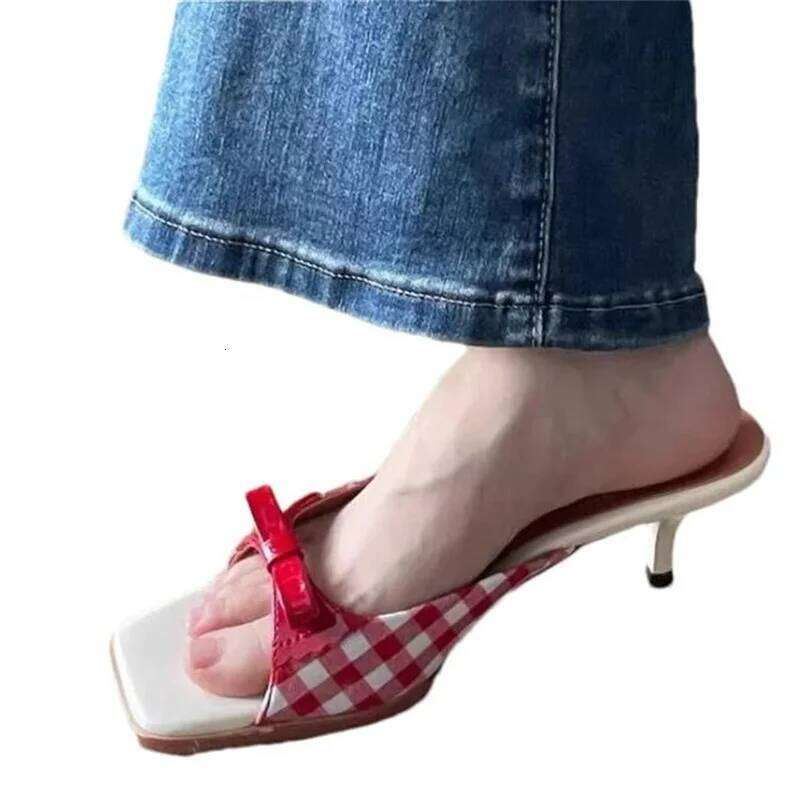 Design Retro Plaid Bow Sandals Kitten Heels French Style Peep Toe Mixed Color Sweet and Cute Women's Vocation Shoes