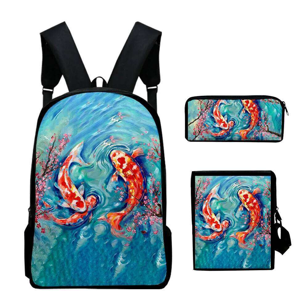 Fashion Novelty Cool Koi carp 3D Print 3pcs/Set pupil School Bags Laptop Daypack Backpack Inclined shoulder bag Pencil Case