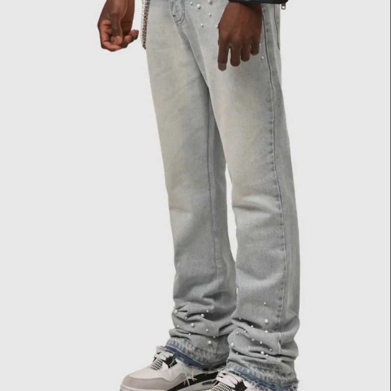 2025 New mens denim European and American street fashion Instagram hot item elastic stacked denim straight leg pants W250701 W250701