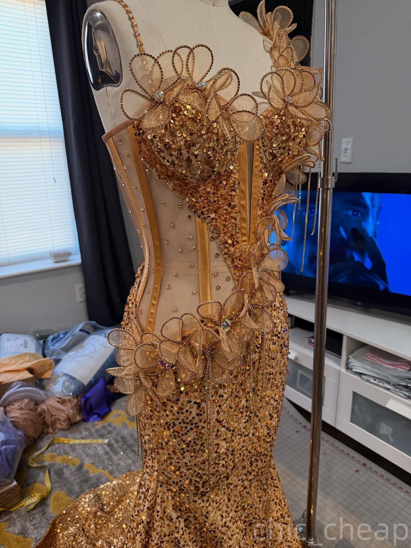 Mermaid Gold Prom Dresses 2025 Flowers Crystals Beaded Sequined Evening Formal Party Second Birthday Engagement Gowns Plus Size Dress For Special Occa