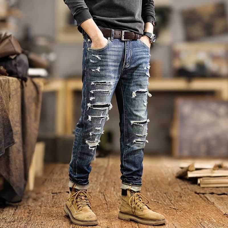 JXNS3 New American retro washed jeans men do old heavyweight design sense splicing Slim small leg trousers tide W250701 W250701
