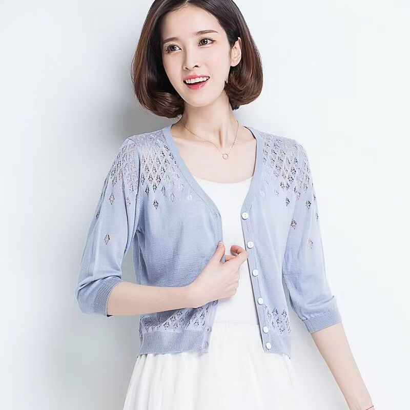 K1196 Sun protection cardigan suspenders inner wear thin knitted cardigan women's hollow Korean style short sun protection clothes all-match ice 