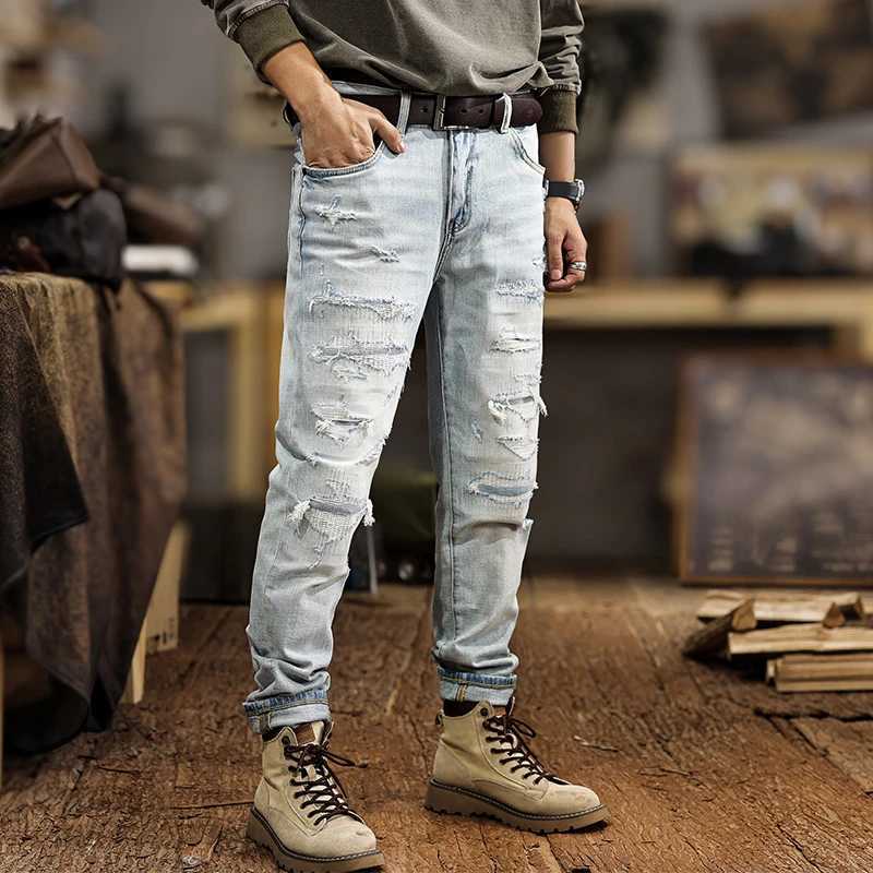 Jns28 American Tide Light-Colored Broken Hole Jeans Mens New Slim Small Leg Trousers Elastic Grinding White Trousers High-End W250701 W250701