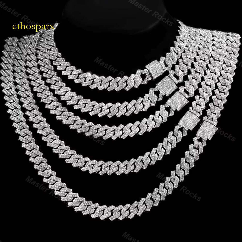 Vvs Moissanite necklace sier 10mm 12mm 14mm 2 rows gold-plated hip-hop Cuban chain