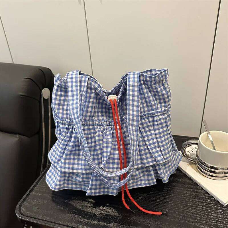 Women's Tote Bag Ruffles Plaid Drawstring Handbag Women Fashion Canvas Shoulder BagsLarge Capacity Korean Bags Bolsos De Mujer