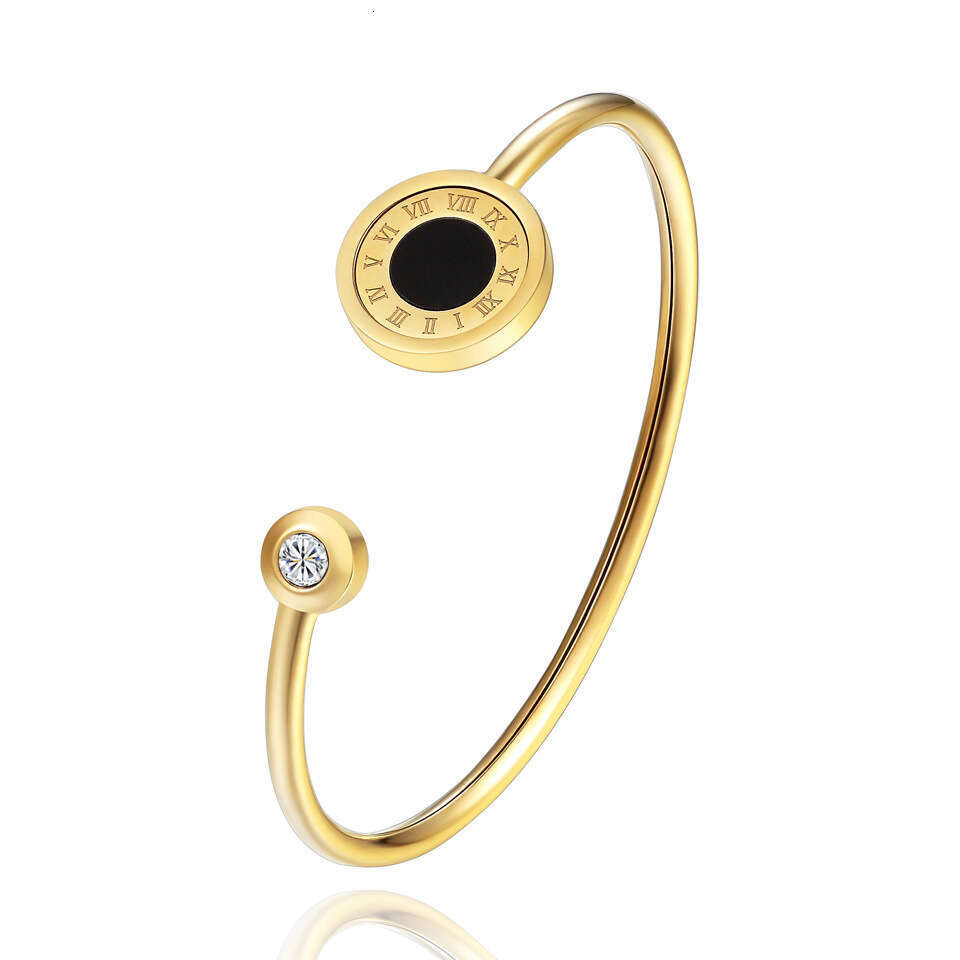 DHcollections Hot Selling Roman Numerals Inlaid Agate Shell Rotatable Stainless Bracelet for Women Rose Gold Titanium Steel Bangle