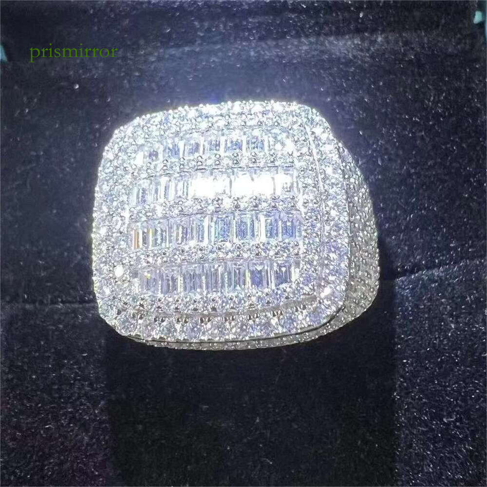 Men's and women's high-end jewelry De Hiphop pure silver chilled square VVS sand stone ring with GRA certificate