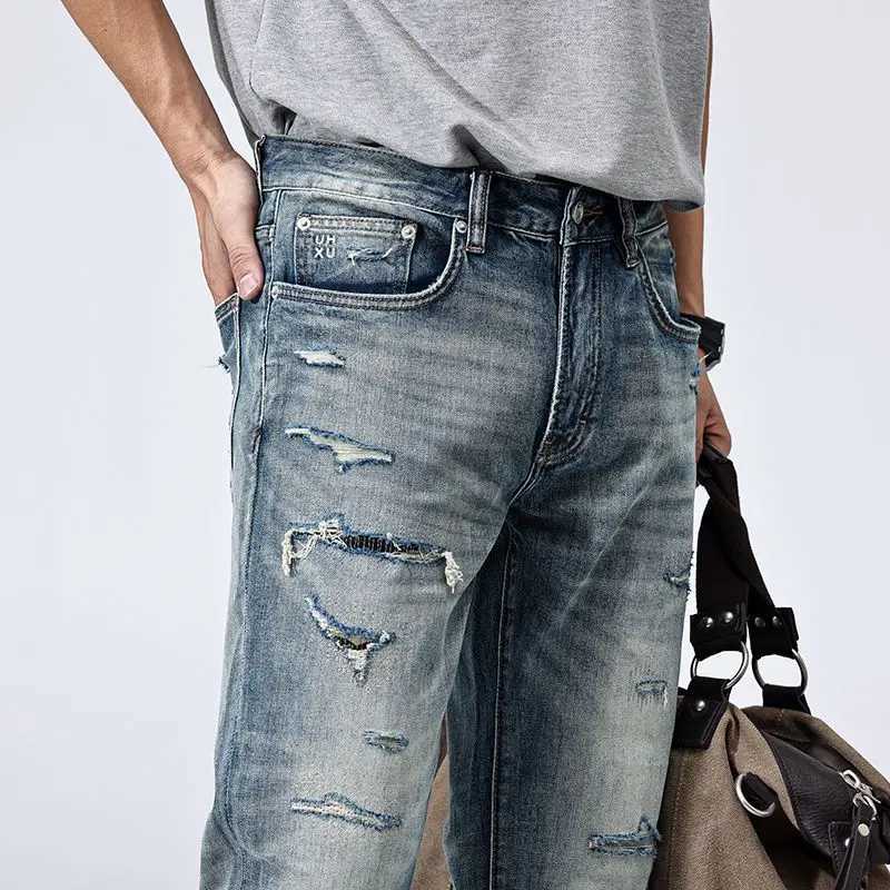 JXNS59 Tide washed do old hole jeans men trend Korean Slim straight trousers casual small feet high-end W250701 W250701