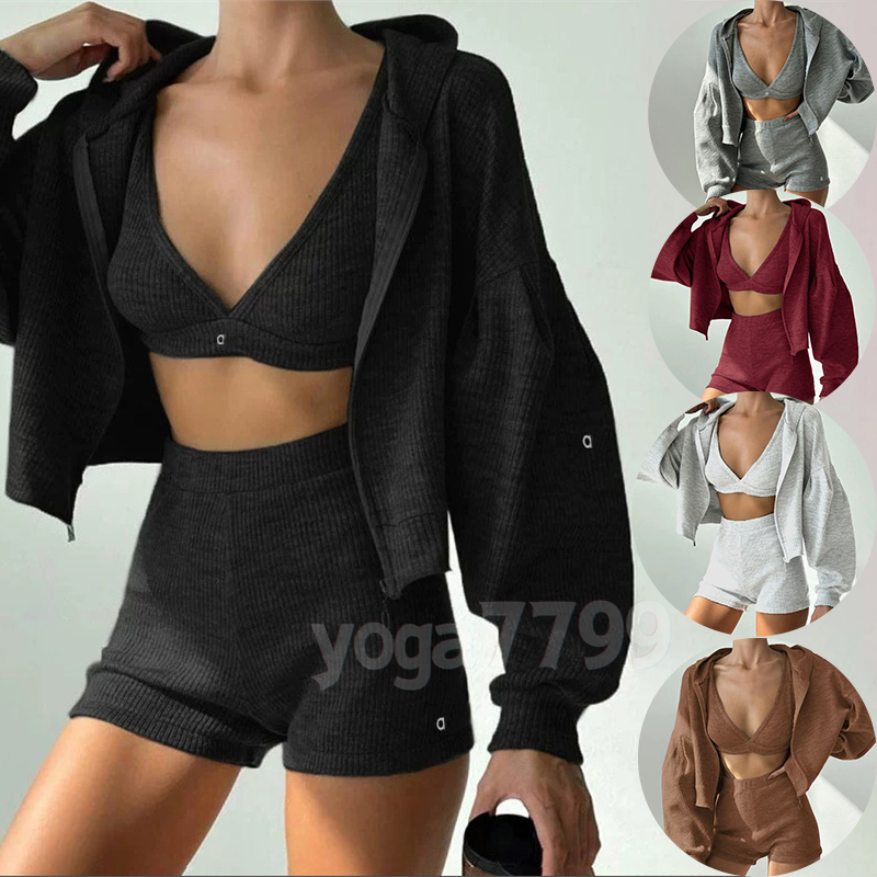 Yoga Sweatshirt Top Sweatshorts Hoodie Three Pcs Set Women Sport Suit Knitted Zipper Hooded Cardigan Sweatshirt V-Neck Aloness Women Clothes