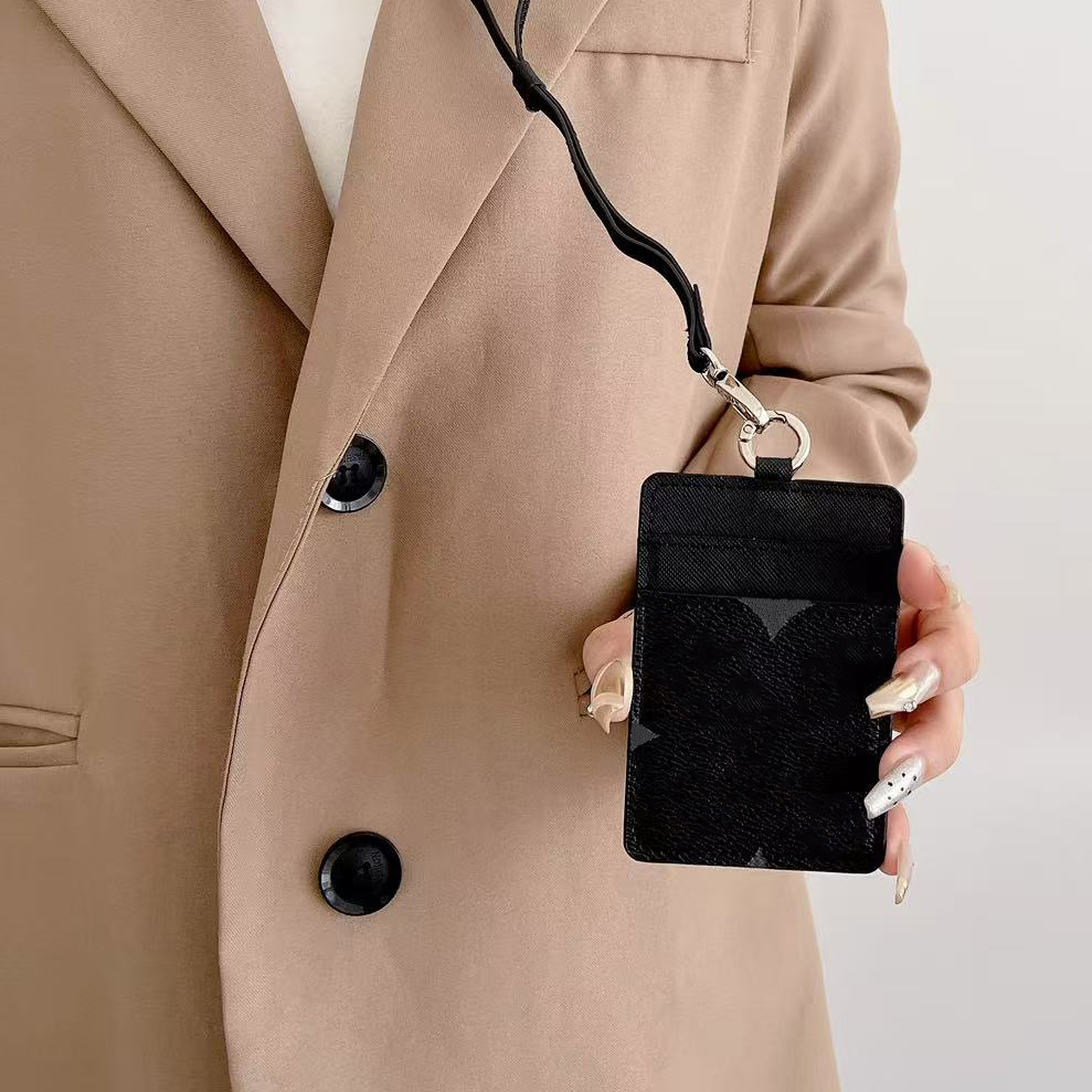 Lanyards for Name Tags ID Badge Holder Women Hand sewn thread lambskin Leather Key Rings Black White designer keychain 01