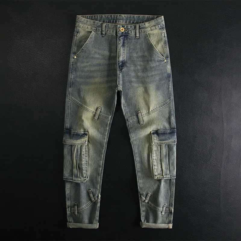 Multi-pocket patchwork jeans for men slim fit small feet elastic retro high-end motorcycle riding trend heavyweight pants W250701 W250701