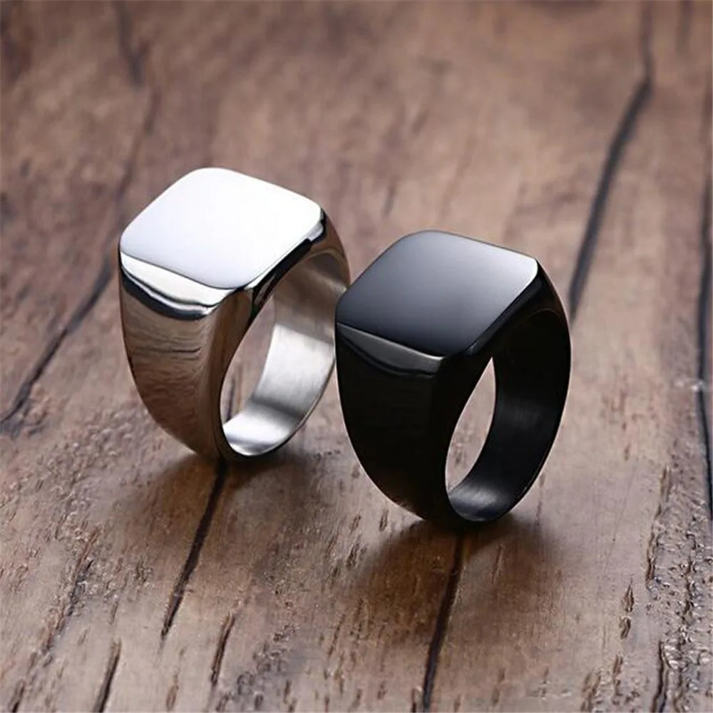 Fashion Men Black Smooth Stainless Steel Rings Glossy Signet Square Finge Rings Hiphop Punk Male Wedding Party Jewelry Wholesale 250701